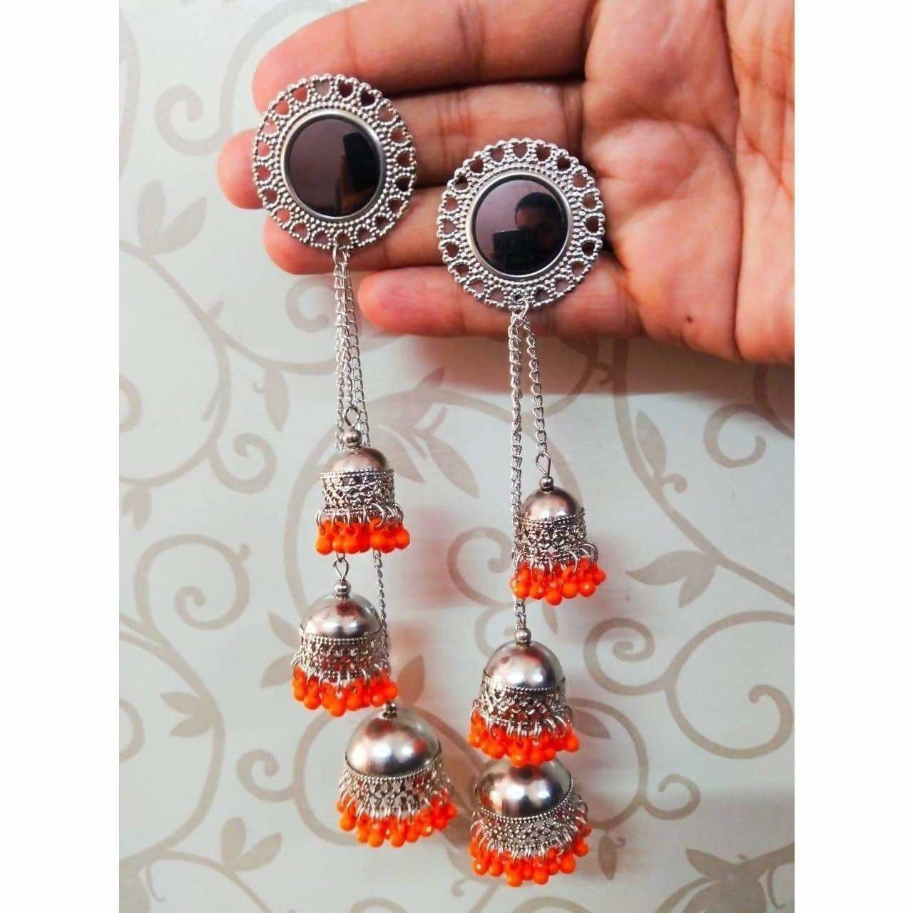 MS Fashion India Kashmiri Triple Orange Color Pearls Hanging Jhumka Earrings | Swadesiicart