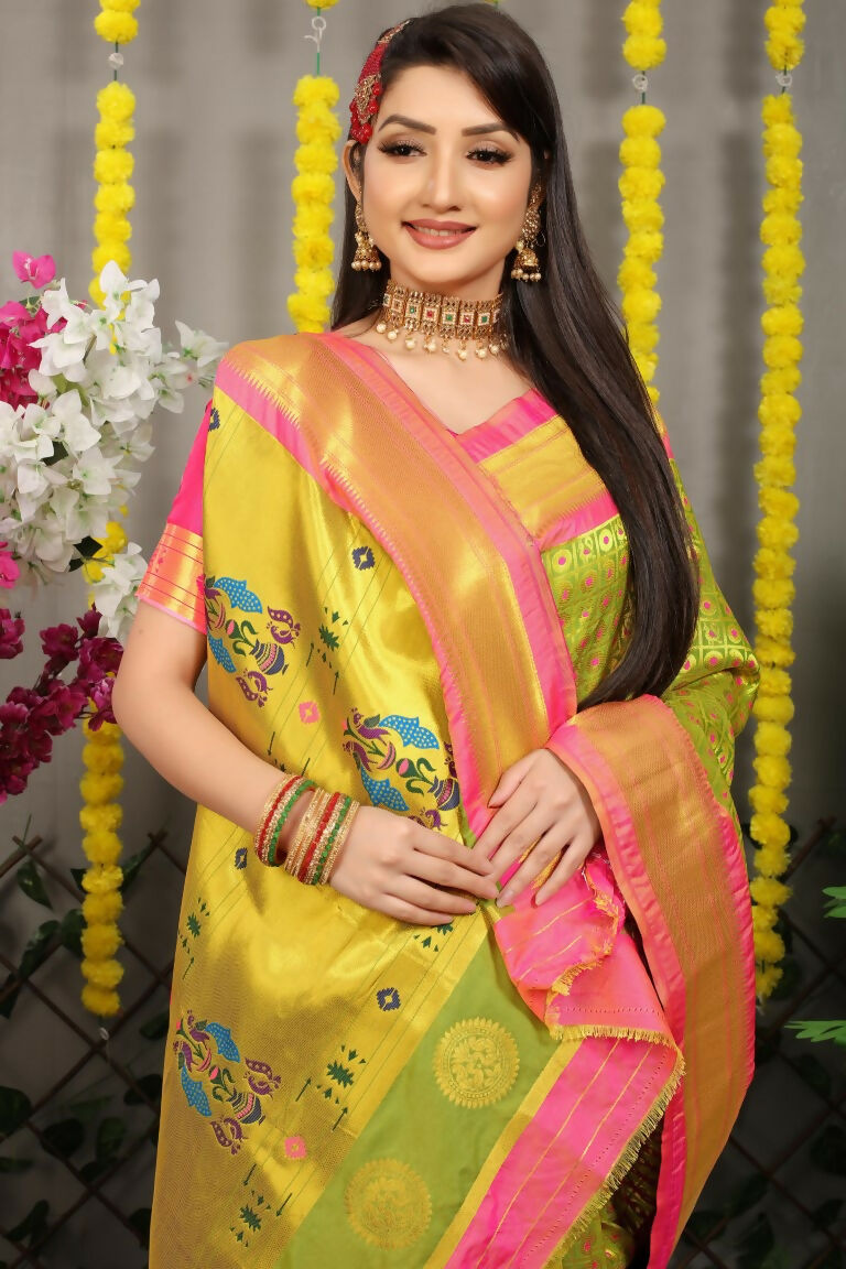 Jyoti Fashion Women's Green Banarasi Silk Zari Woven Saree with Blouse | Swadesiicart