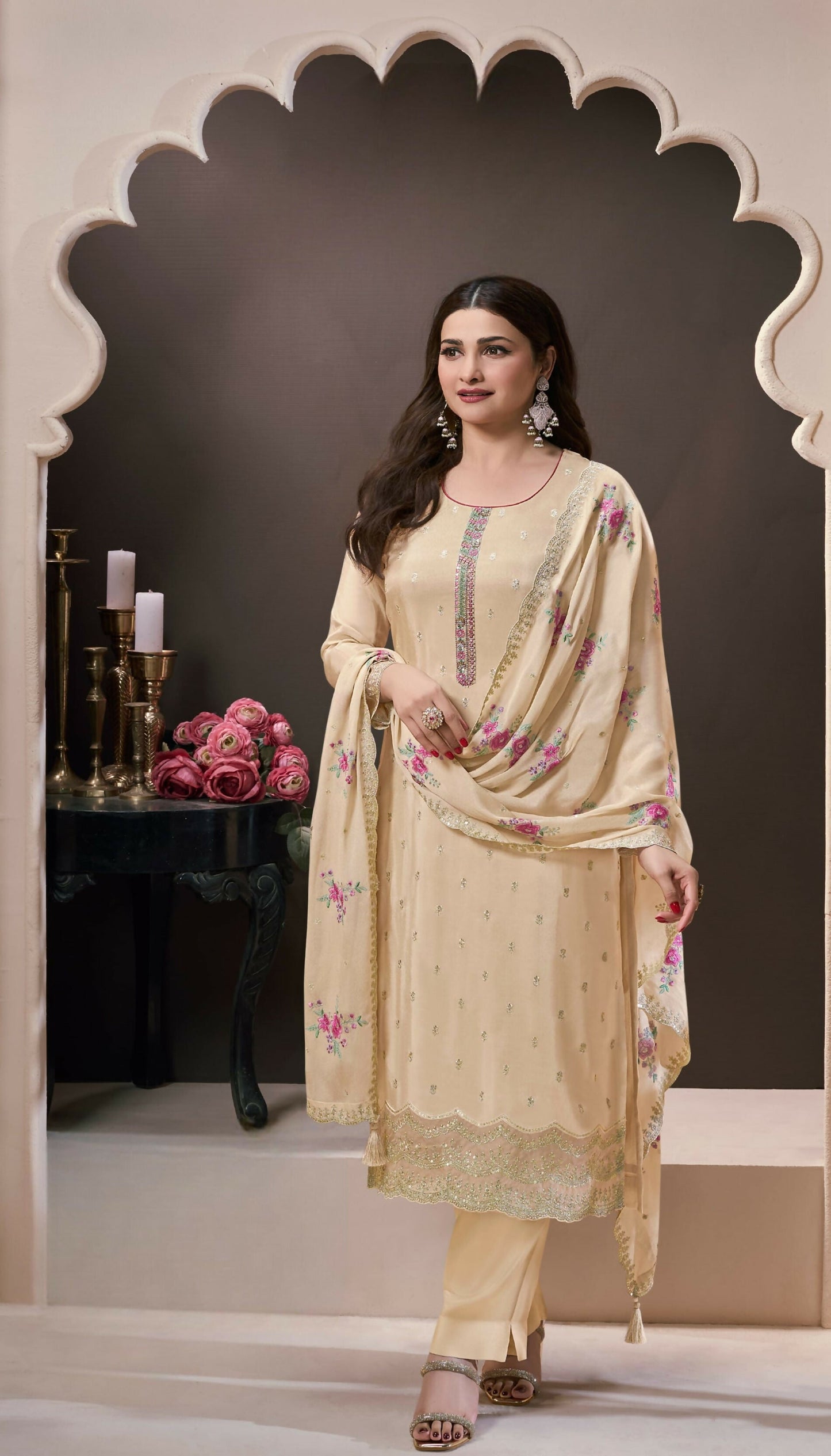Anaita Cream Silk Embroidered Stitched Salwar Suit