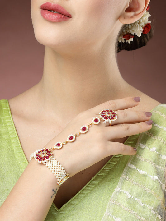 NVR Women's Red Gold-Polished Stone Studded Handcrafted Ring Bracelet - Swadesiicart
