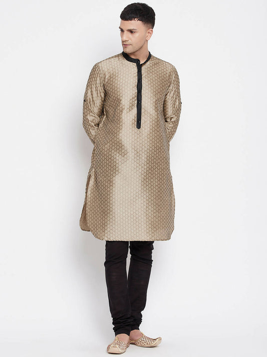 Even Apparels Beige Art Silk Men's Kurta With Contrast Collar And Placket | Swadesiicart