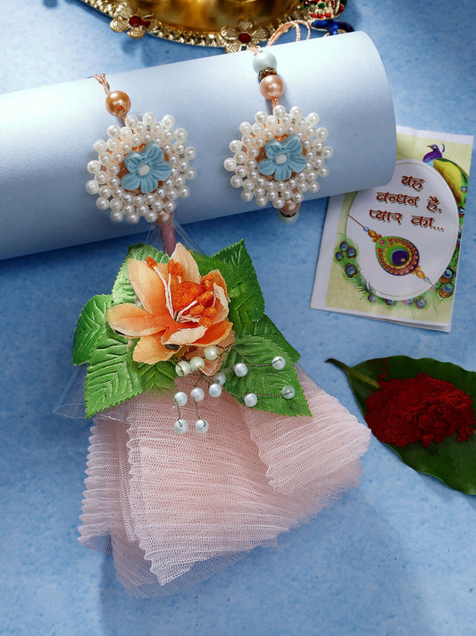 NVR Women & Men Set of 2 Peach Floral Design Pearl Beaded Bhaiya Bhabi Rakhi With Roli Chawal | Swadesiicart