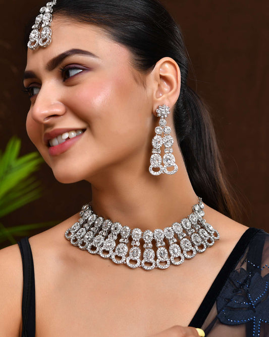 Jewels Nest Silver-Toned American Diamond Choker & Earrings Set - Swadesiicart