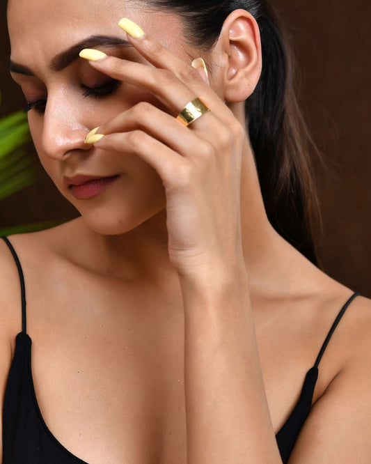 Jewels Nest Gold-Plated Matte Textured Open Band Ring – Anti-Tarnish Adjustable Finger Ring for Women
