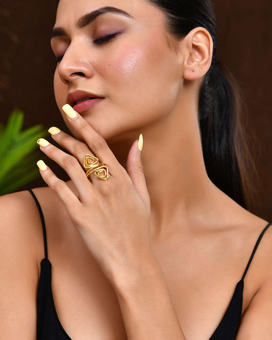 Jewels Nest Gold-Plated Textured Triple-Layer Adjustable Finger Ring | Anti-Tarnish Geometric Statement Ring for Women