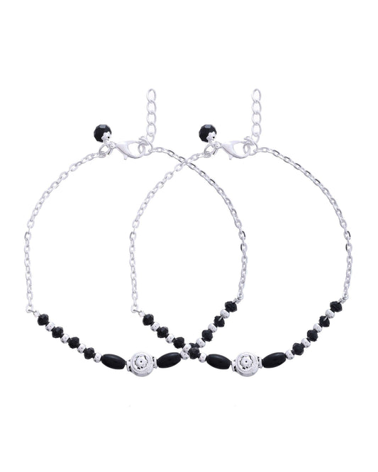 Jewels Nest Set of 2 Silver-Plated Stainless Steel Beaded Anklets with Artificial Black Stones & Floral Charms