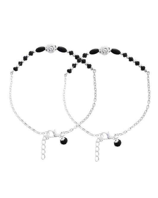 Jewels Nest Set of 2 Silver-Plated Stainless Steel Beaded Anklets with Artificial Black Stones & Floral Charms