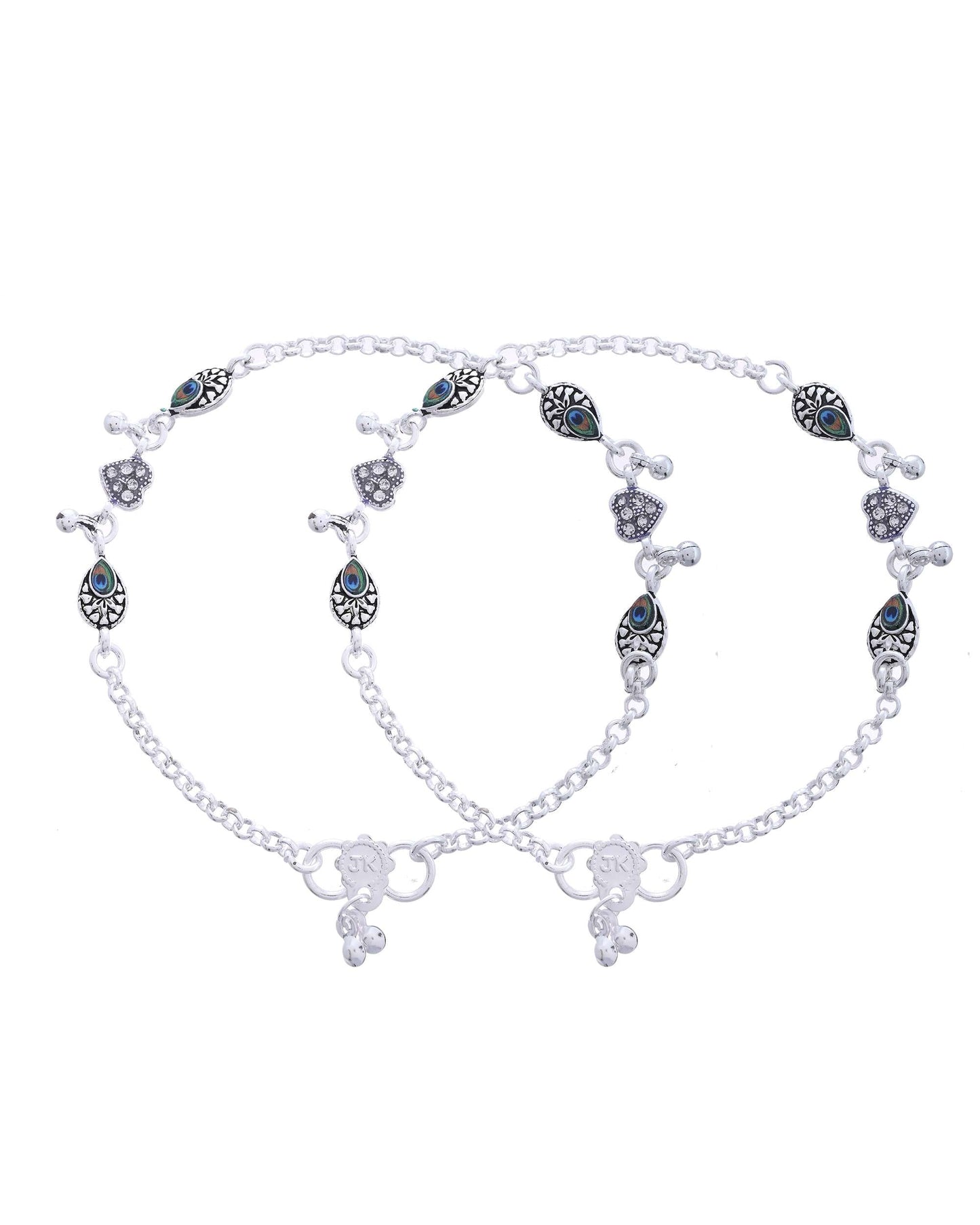 Jewels Nest Set of 2 Silver-Plated Stainless Steel Evil Eye & Heart Charm Beaded Anklets - Swadesiicart