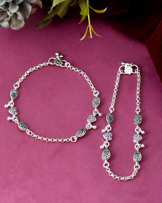 Jewels Nest Set of 2 Silver-Plated Stainless Steel Evil Eye & Heart Charm Beaded Anklets