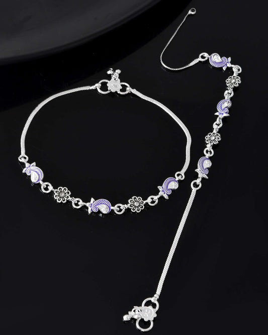 Jewels Nest Set of 2 Silver-Plated Stainless Steel Paisley & Floral Charm Anklets