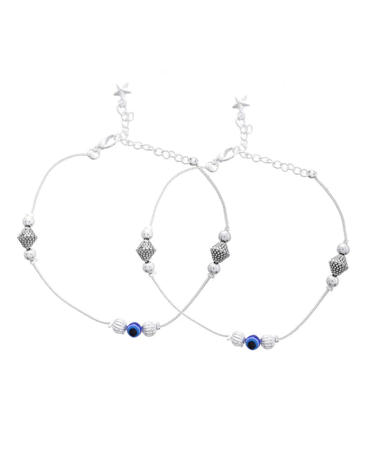 Jewels Nest Silver-Plated Stainless Steel Anklet Set with Evil Eye & Metallic Charms