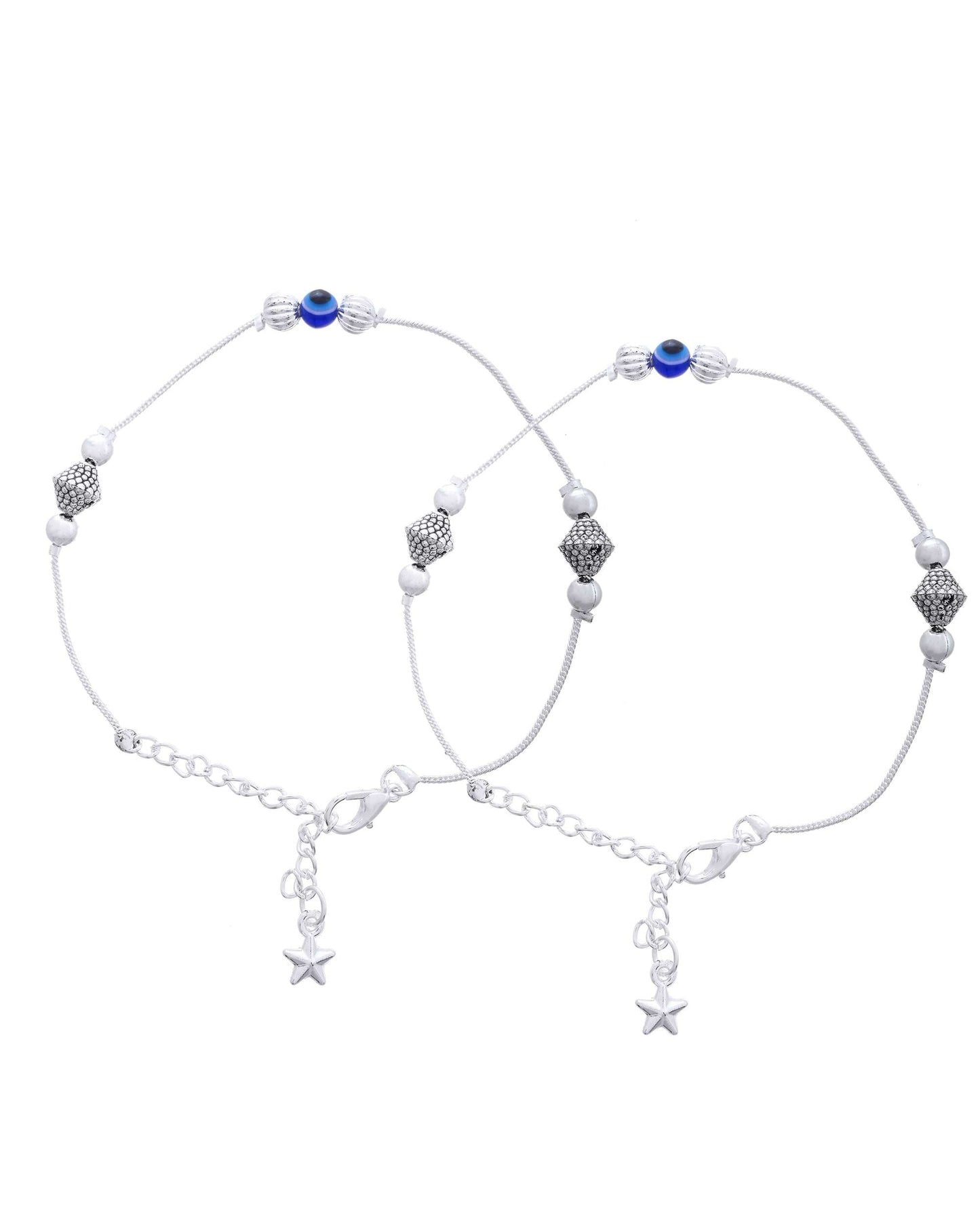 Jewels Nest Silver-Plated Stainless Steel Anklet Set with Evil Eye & Metallic Charms - Swadesiicart
