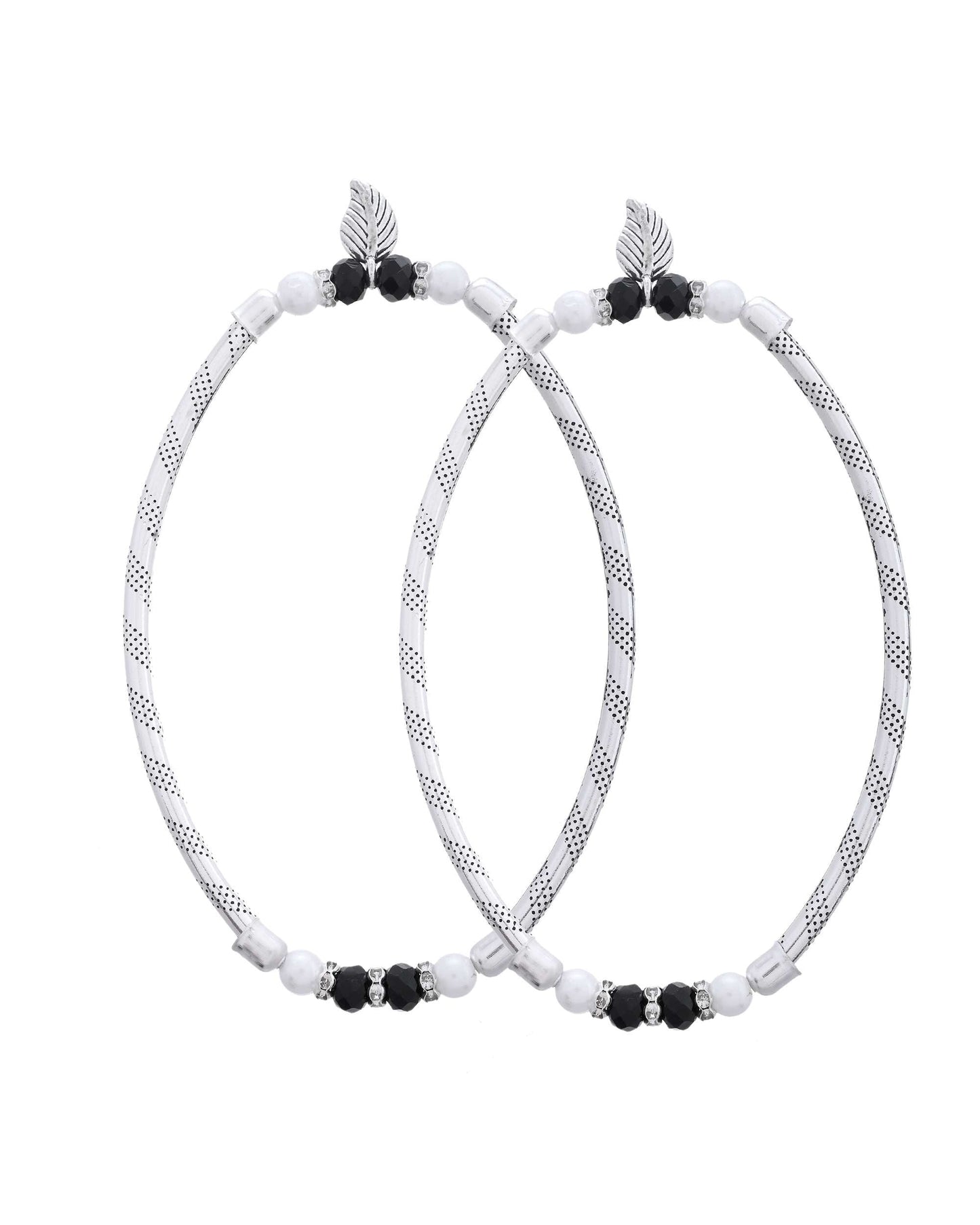 Jewels Nest Set of 2 Silver-Plated Black & White Beaded Anklets with Leaf Charm - Swadesiicart