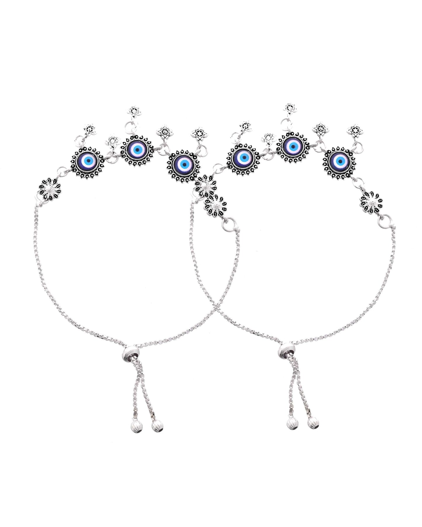 Jewels Nest Set of 2 Silver-Plated Stainless Steel Evil Eye & Stone-Studded Beaded Anklets - Swadesiicart