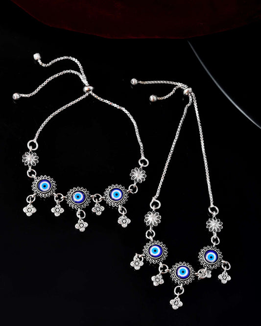 Jewels Nest Set of 2 Silver-Plated Stainless Steel Evil Eye & Stone-Studded Beaded Anklets