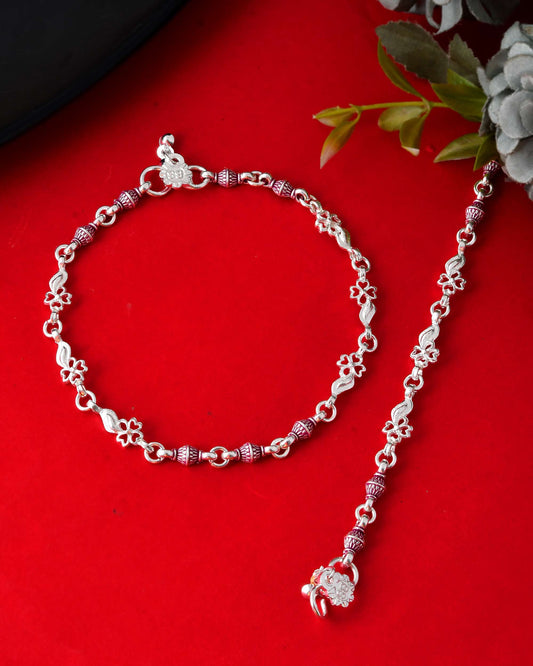 Jewels Nest Set of 2 Silver-Plated Stainless Steel Anklets with Pink Artificial Beads
