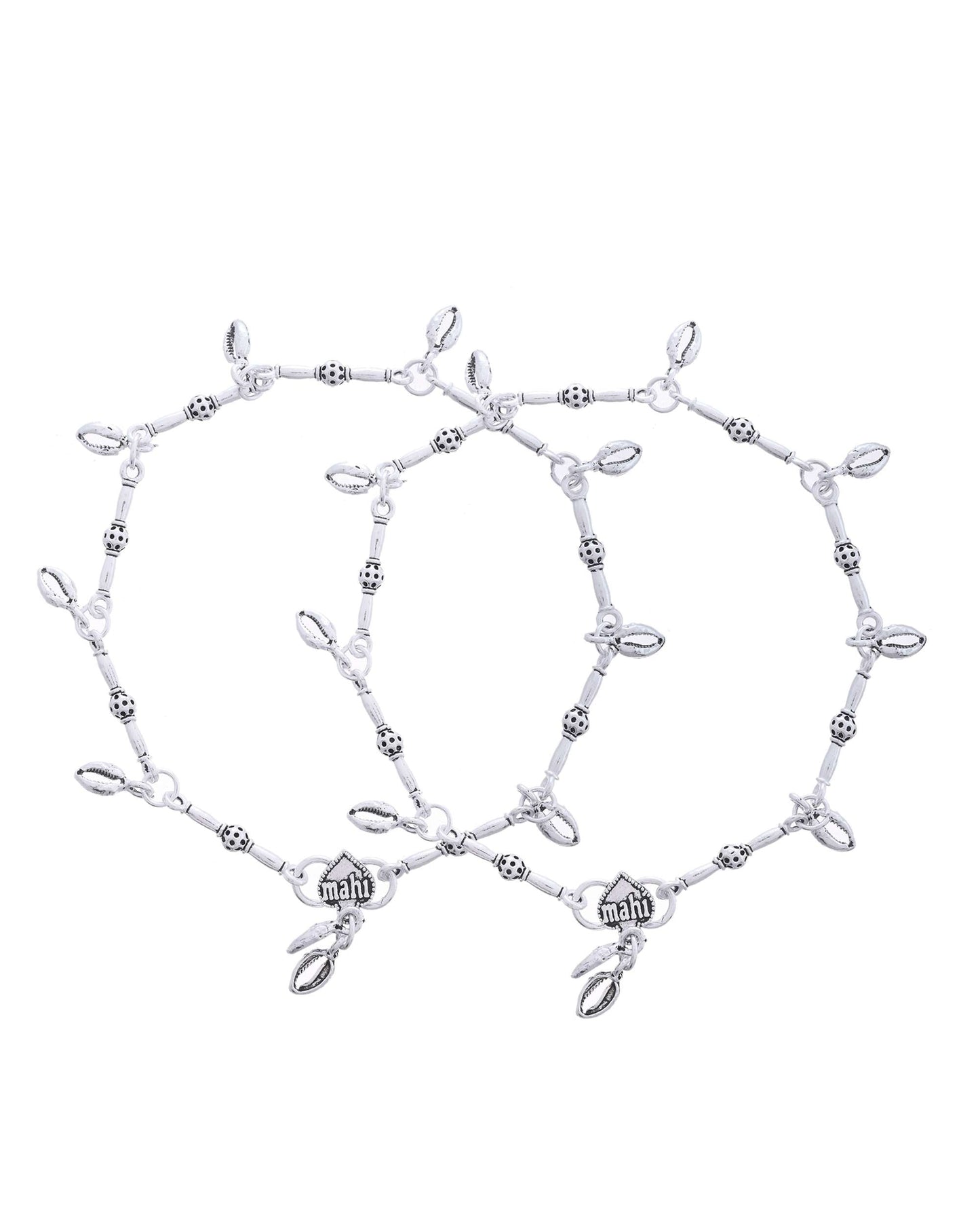 Jewels Nest Oxidized Silver-Toned Tribal Barrel Charm Anklet – Set of 2 - Swadesiicart