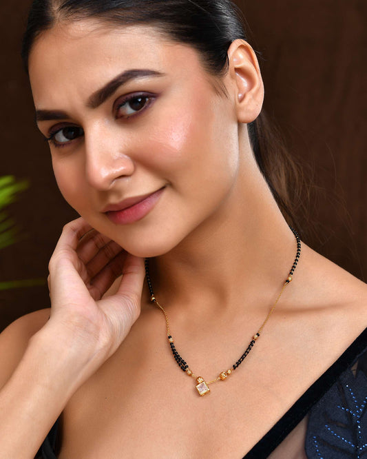 Jewels Nest Traditional Black Beaded Mangalsutra with Geometric Stone Pendant