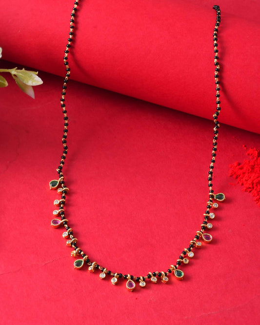 Jewels Nest Elegant Black Beads Mangalsutra with Green & Red Stone Drops – Silver Finish - Swadesiicart