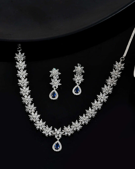 Jewels Nest American Diamond Floral Necklace Set with Sapphire Blue Stone Drop