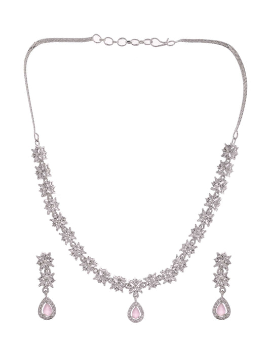 Jewels Nest Floral Design American Diamond Necklace Set with Pink Stone Drops