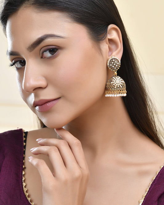 Jewels Nest Gold-Polished Pearl Jhumka Earrings – Traditional Ethnic Design