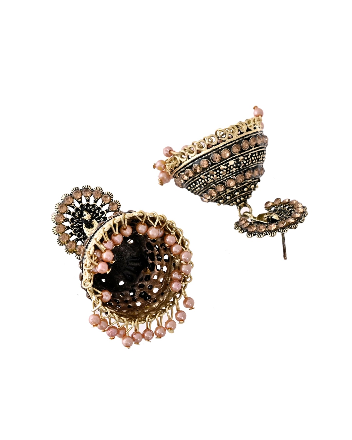 Jewels Nest Antique Gold-Polished Jhumka Earrings with Floral Detailing and Stone Embellishments - Swadesiicart