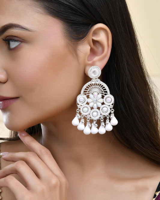 Jewels Nest Silver-Plated White Stone Chandelier Earrings with Floral and Beaded Detailing - Swadesiicart