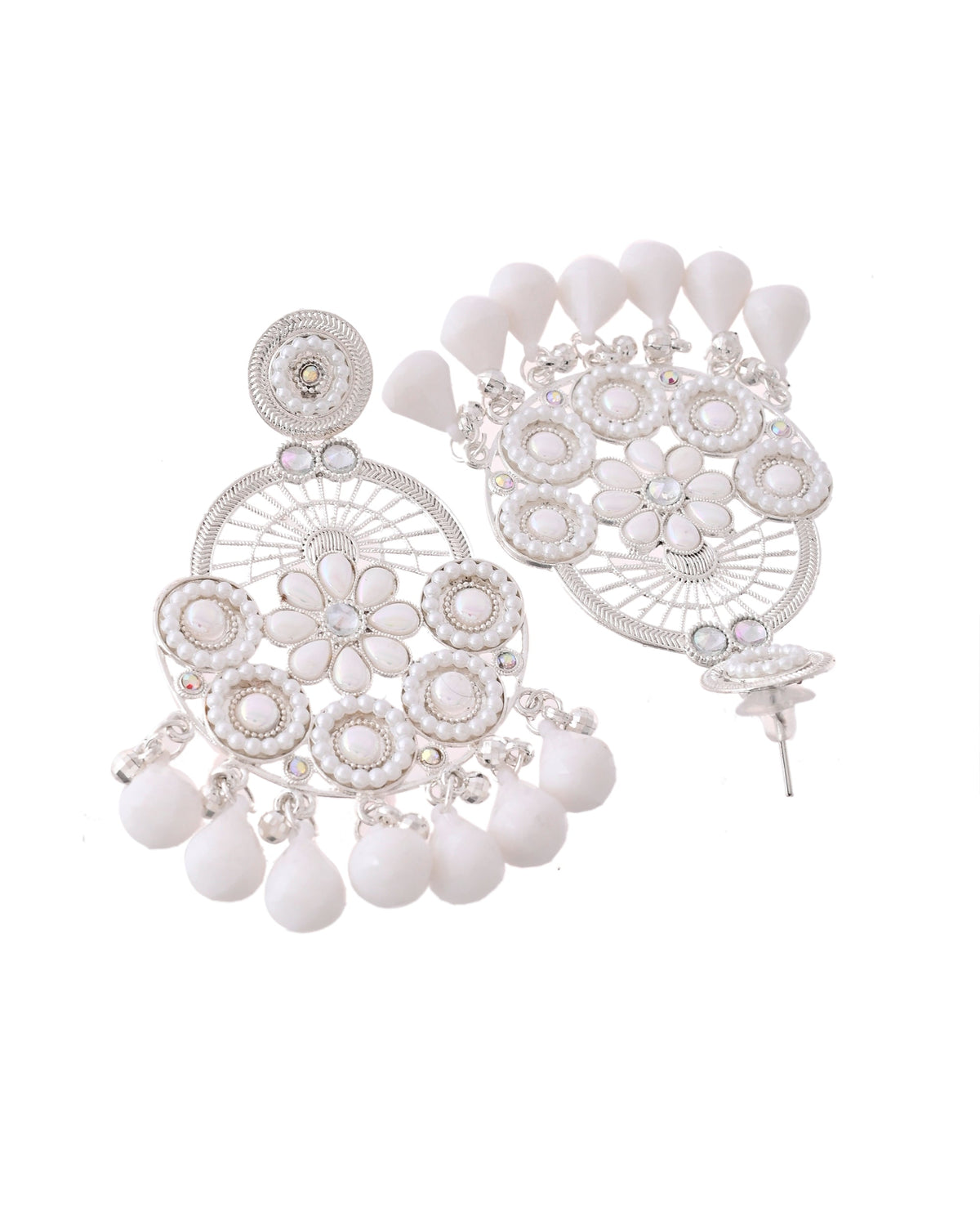 Jewels Nest Silver-Plated White Stone Chandelier Earrings with Floral and Beaded Detailing