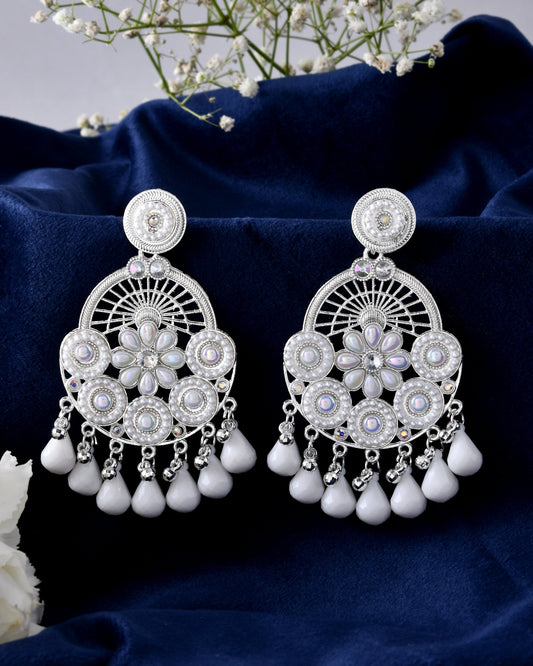 Jewels Nest Silver-Plated White Stone Chandelier Earrings with Floral and Beaded Detailing