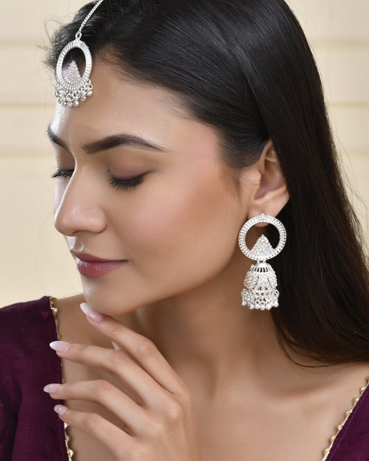 Jewels Nest Silver-Plated Crystal Embellished Jhumka Earrings with Circular Hoops - Swadesiicart