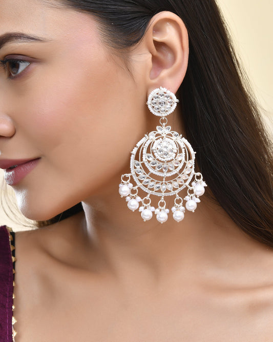 Jewels Nest Silver-Plated Grand Chandbali Earrings with Pearl and Kundan Work - Swadesiicart