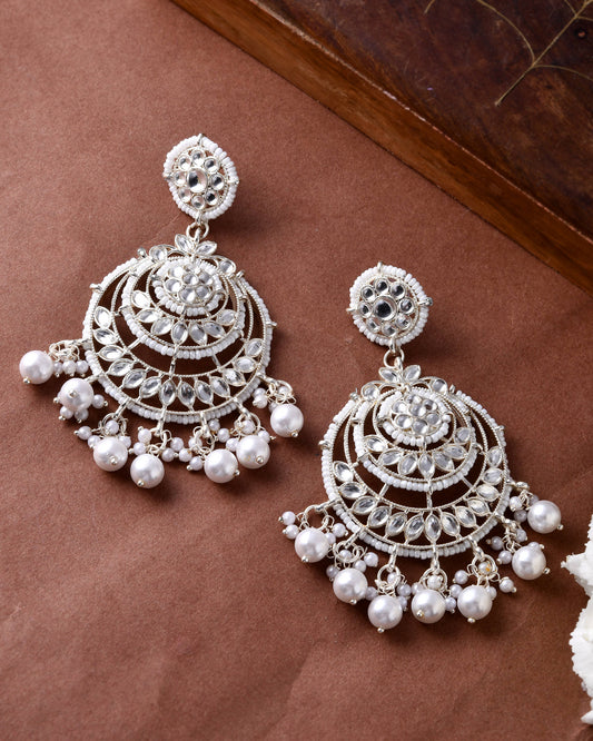 Jewels Nest Silver-Plated Grand Chandbali Earrings with Pearl and Kundan Work - Swadesiicart