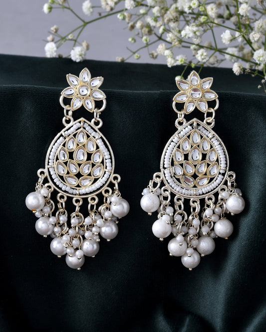Jewels Nest Pearl-Embellished Kundan Teardrop Earrings with Floral Detailing