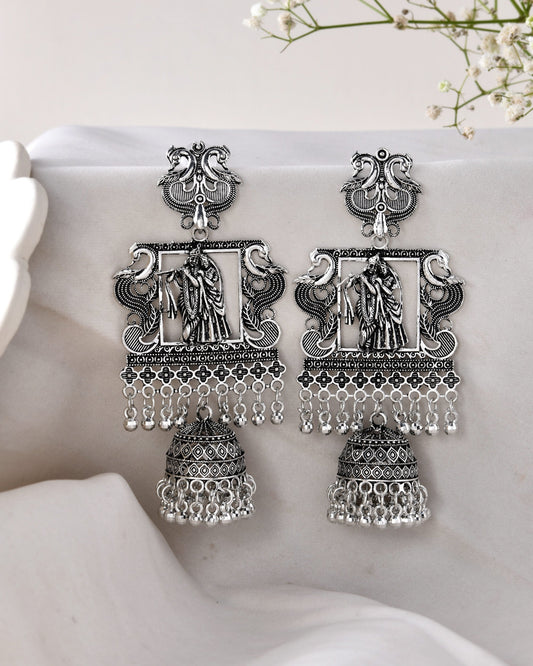 Jewels Nest Antique Silver Temple Jhumka Earrings with Intricate Detailing