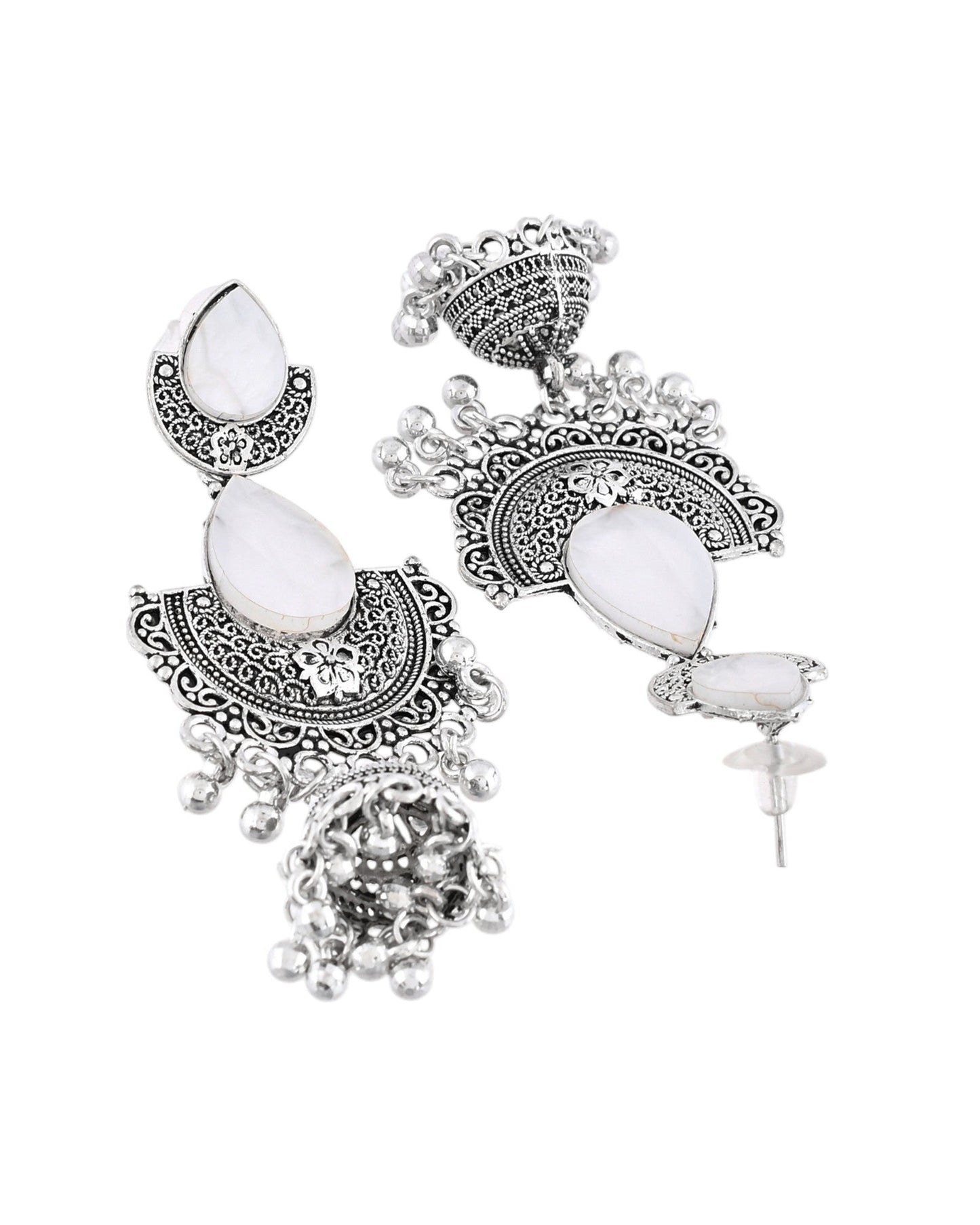 Jewels Nest Oxidized Silver Half Moon Jhumka Earrings with Intricate Design - Swadesiicart