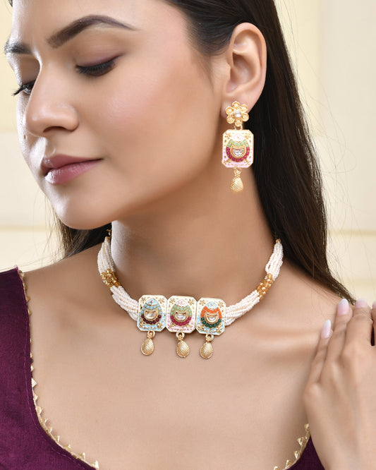 Jewels Nest Traditional Gold-Polished Kundan & Pearl Multi-Color Necklace and Earrings Set for Women - Swadesiicart