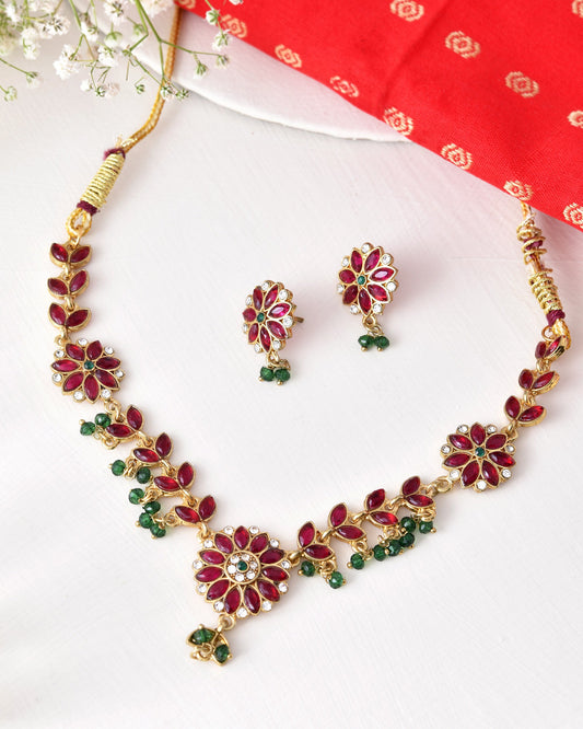 Jewels Nest Traditional Ruby and Emerald Floral Necklace & Earrings Set - Swadesiicart