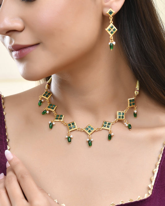 Jewels Nest Elegant Green Square Drop Necklace & Earrings Set - Swadesiicart