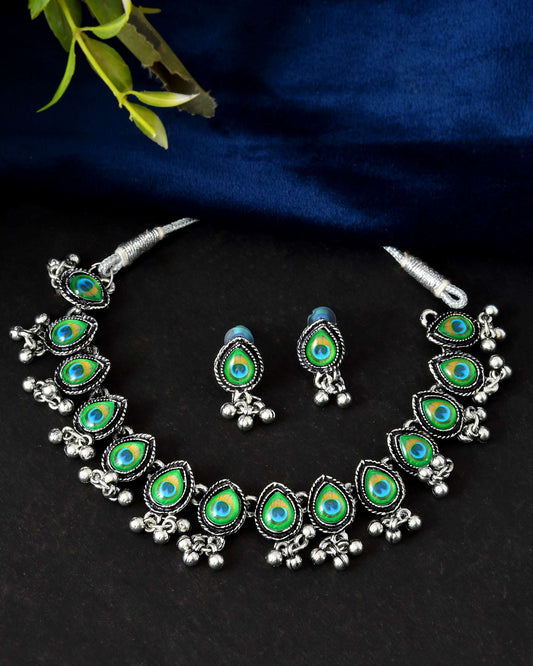 Jewels Nest Oxidised Silver Peacock Feather Necklace with Matching Earrings Set
