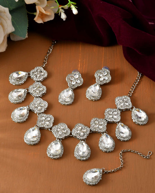 Jewels Nest Elegant Silver-Tone Crystal Drop Necklace for Weddings & Party Wear - Swadesiicart