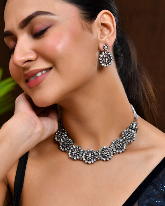 Jewels Nest Oxidised Silver Floral Necklace – Tribal Choker for Ethnic & Fusion Wear - Swadesiicart
