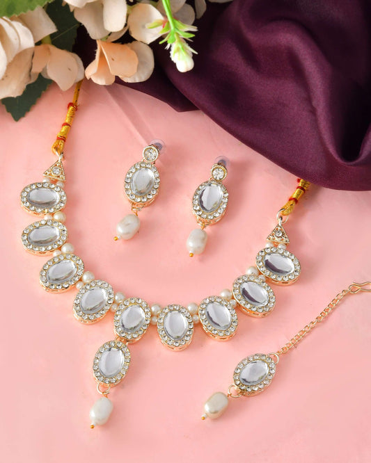 Jewels Nest Elegant White Stone & Pearl Choker Necklace Set with Earrings – Bridal & Festive Wear - Swadesiicart