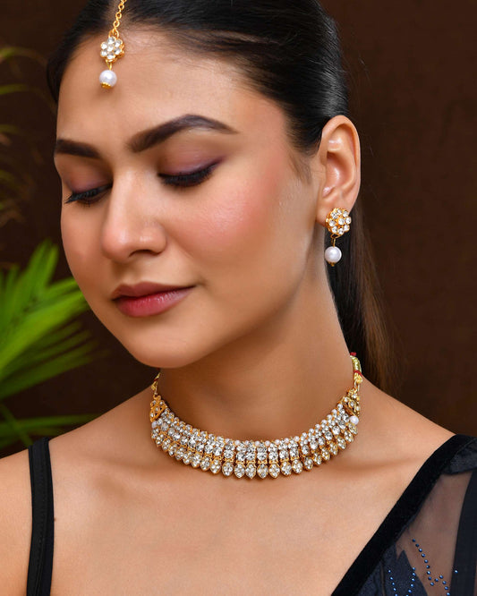 Jewels Nest Gold-Plated American Diamond Studded & Beaded Choker Jewellery Set - Swadesiicart