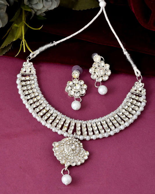 Jewels Nest Dazzling Occasion-Wear Set in Radiant Silver Finish and White Detailing - Swadesiicart