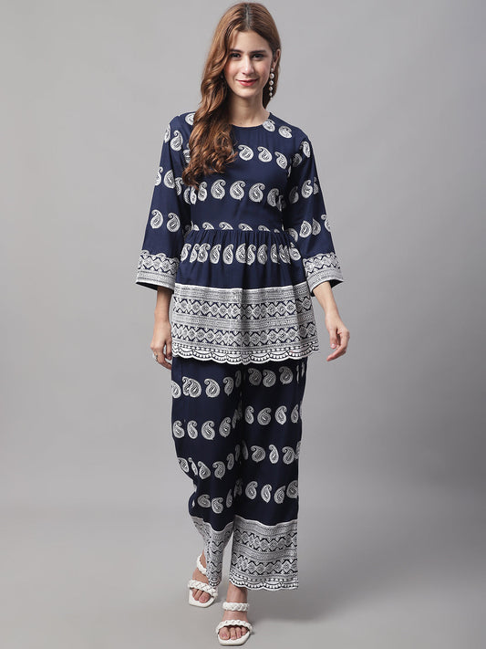 Jainish Women's Embroidered and Sequin work Co-ords - Navy Blue - Swadesiicart