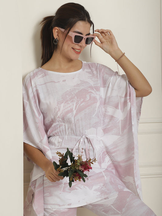 Indian Needle Women's Light-Purple Tie Dye Printed Rayon Kaftan Tunic With Trousers - Light-Purple - Swadesiicart