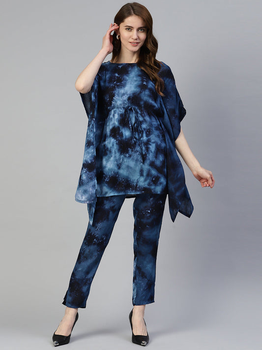 Jainish Women's Navy Blue Tie Dye Printed Rayon Kaftan Tunic With Trousers - Swadesiicart