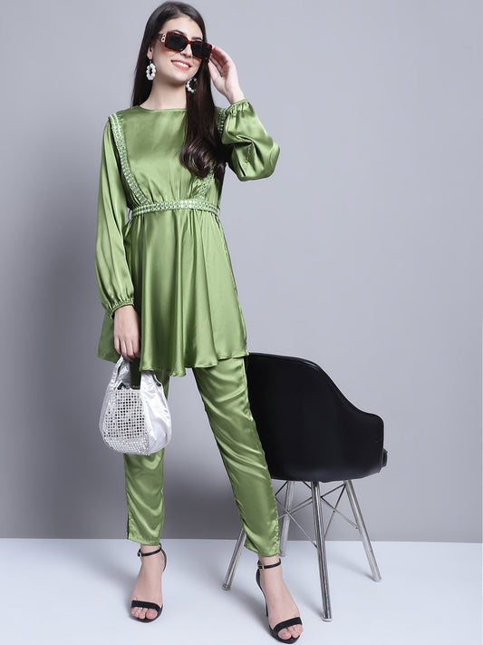 Jainish Women's WoEmbroidered A-line Top and Trouser With Belt - Green - Swadesiicart