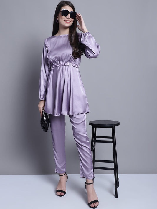 Jainish Women's WoEmbroidered A-line Top and Trouser With Belt - Purple - Swadesiicart